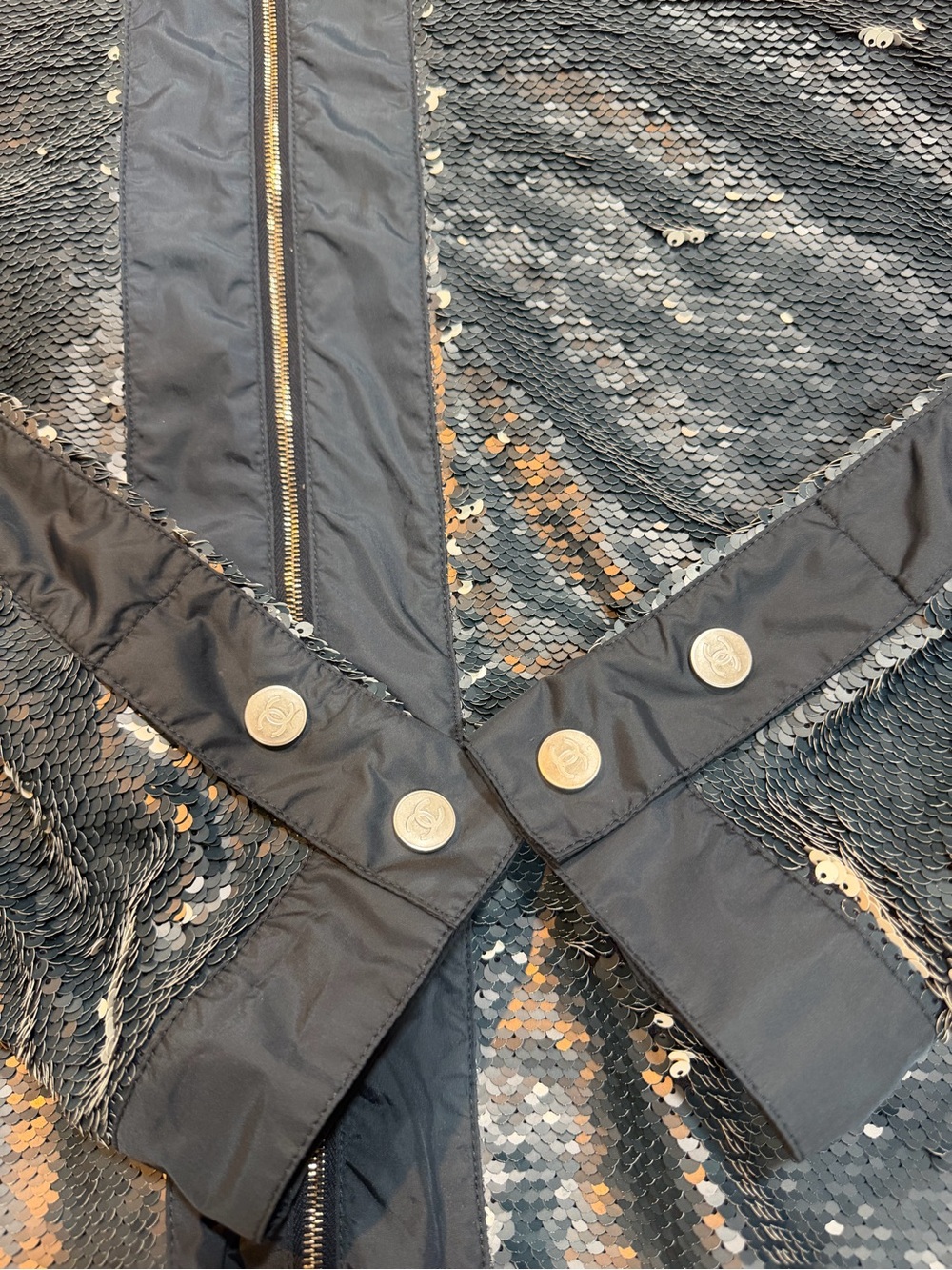 CHANEL Navy Sequin Hooded Zip Jacket with Silver Accents - Picture 4 of 9